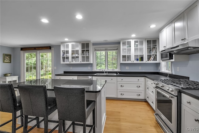 11 S Meadow Dr, Orchard Park, NY 14127 - kitchen with stainless steel appliances, a kitchen bar, plenty of natural light, dark countertops, and recessed lighting