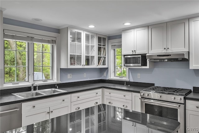 11 S Meadow Dr, Orchard Park, NY 14127 - kitchen featuring appliances with stainless steel finishes, under cabinet range hood, dark countertops, white cabinets, and recessed lighting