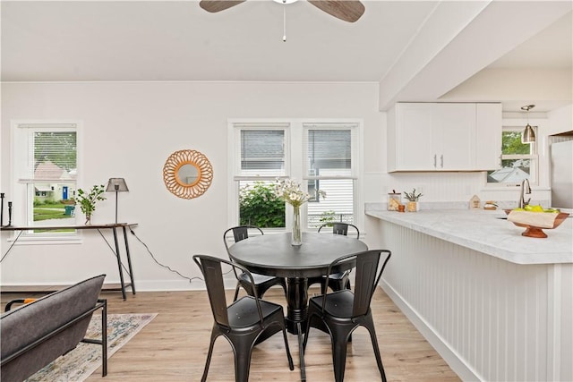 131 Pomona Dr, Greece, NY 14616 - dining space with light wood-style flooring, a ceiling fan, and baseboards