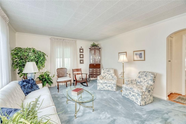 261 Hager Rd, Greece, NY 14616 - carpeted living room with crown molding, arched walkways, and baseboards