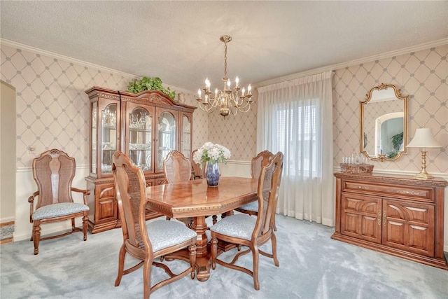 261 Hager Rd, Greece, NY 14616 - dining area featuring ornamental molding, a chandelier, wallpapered walls, and light colored carpet
