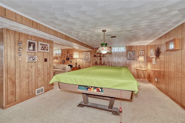 261 Hager Rd, Greece, NY 14616 - recreation room with billiards table, wood walls, carpet floors, and baseboards