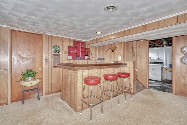 261 Hager Rd, Greece, NY 14616 - indoor dry bar featuring washer / dryer, carpet flooring, and wood walls