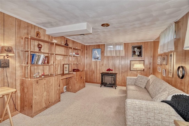 261 Hager Rd, Greece, NY 14616 - living area with a wood stove, carpet, wood walls, bar, and baseboards