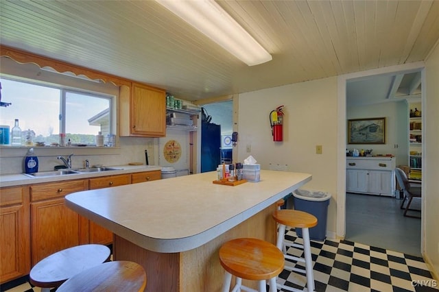 3180 Carleton Island Rd Unit 1, Cape Vincent, NY 13618 - kitchen featuring light floors, a sink, light countertops, a kitchen breakfast bar, and wood ceiling