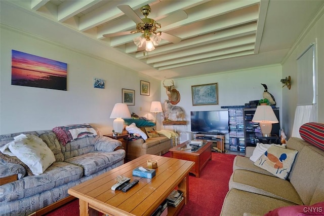 3180 Carleton Island Rd Unit 1, Cape Vincent, NY 13618 - carpeted living area featuring ceiling fan and beamed ceiling