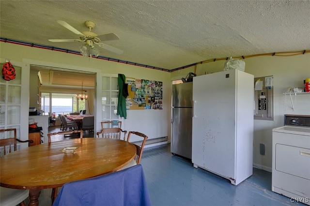 3180 Carleton Island Rd Unit 1, Cape Vincent, NY 13618 - dining space featuring washer / dryer, a textured ceiling, finished concrete flooring, ceiling fan, and electric panel