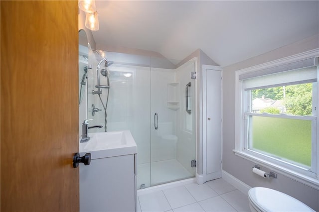1711 N Winton Rd, Irondequoit, NY 14609 - full bath featuring a stall shower, tile patterned flooring, vanity, toilet, and vaulted ceiling