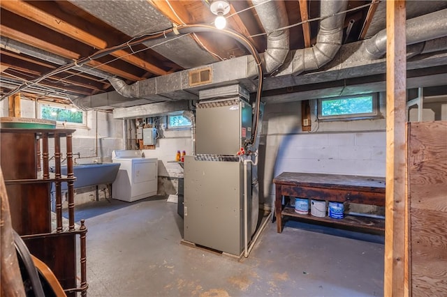 1711 N Winton Rd, Irondequoit, NY 14609 - below grade area featuring heating unit, a sink, washing machine and dryer, and electric panel