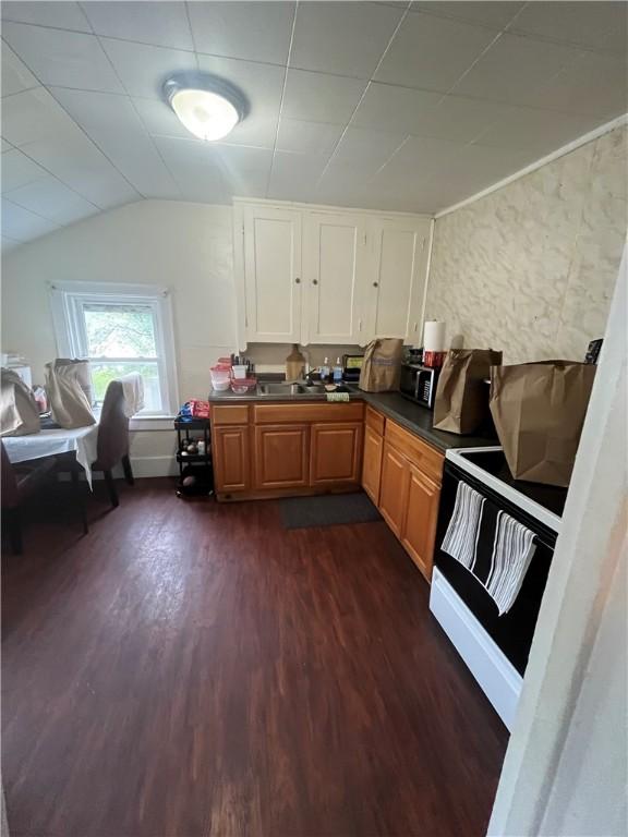 204 Fairgate St, Rochester, NY 14606 - kitchen with dark wood-type flooring, vaulted ceiling, dark countertops, stainless steel microwave, and electric stove