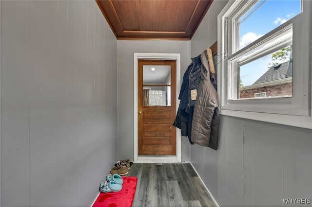 355 Bryant St, North Tonawanda, NY 14120 - doorway with wood finished floors, ornamental molding, and wooden ceiling