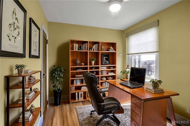 83 Bryant St Unit 7D, Buffalo, NY 14209 - home office featuring ceiling fan, light wood-style flooring, and baseboards