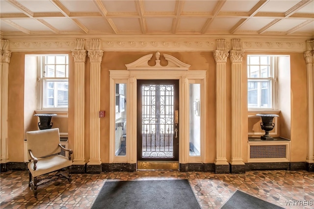 83 Bryant St Unit 7D, Buffalo, NY 14209 - foyer featuring plenty of natural light, crown molding, and coffered ceiling