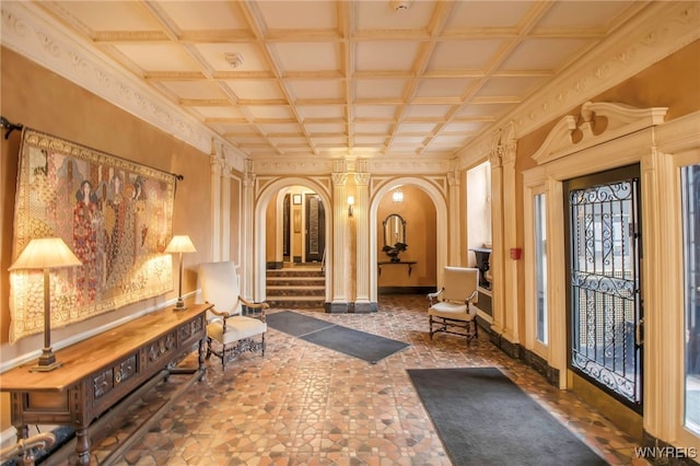 83 Bryant St Unit 7D, Buffalo, NY 14209 - common area with coffered ceiling and stairway