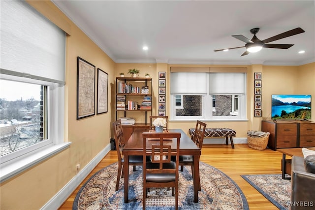83 Bryant St Unit 7D, Buffalo, NY 14209 - dining space featuring wood finished floors, a ceiling fan, ornamental molding, baseboards, and recessed lighting