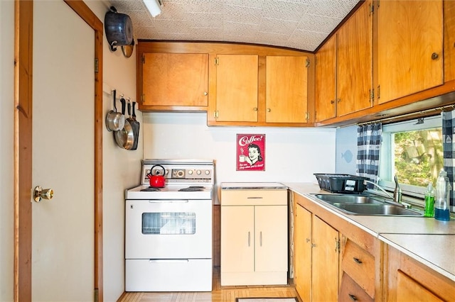 5543 Rt-89, Varick, NY 14521 - kitchen featuring white electric stove, a sink, light countertops, and brown cabinets