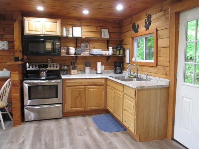1937 County Highway 8, Otego, NY 13825 - kitchen featuring stainless steel electric stove, a sink, black microwave, light wood-style floors, and plenty of natural light