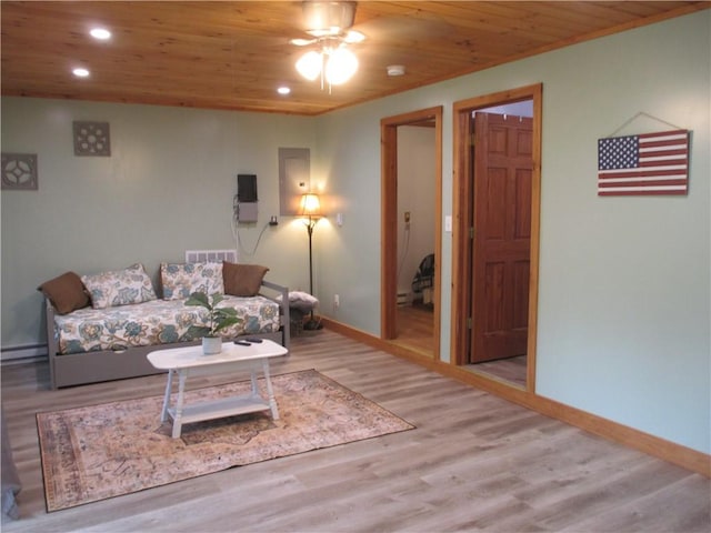 1937 County Highway 8, Otego, NY 13825 - living area featuring ceiling fan, baseboards, wood ceiling, wood finished floors, and recessed lighting