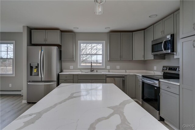 34292 State Route 26, Champion, NY 13619 - kitchen featuring appliances with stainless steel finishes, gray cabinets, a baseboard heating unit, a sink, and recessed lighting