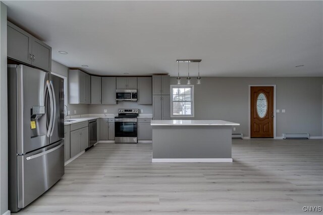 34292 State Route 26, Champion, NY 13619 - kitchen featuring stainless steel appliances, gray cabinets, light countertops, light wood finished floors, and a baseboard radiator