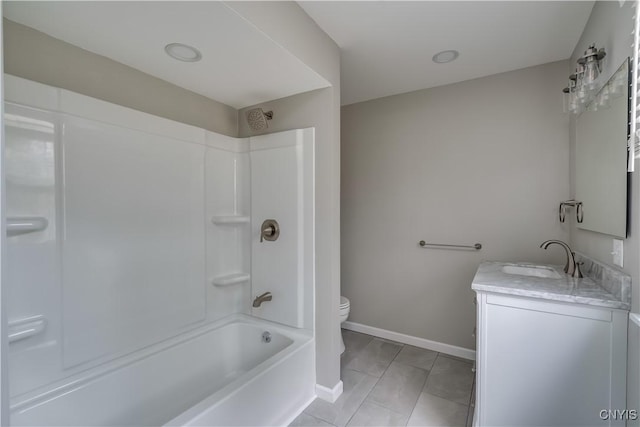 34292 State Route 26, Champion, NY 13619 - bathroom with toilet, vanity, shower / tub combination, baseboards, and tile patterned floors