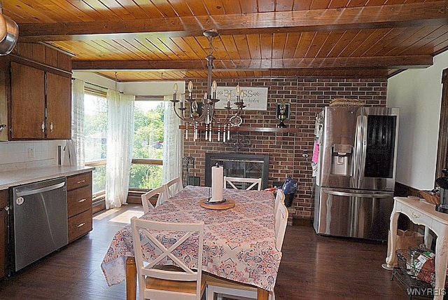 2477 Ridge Rd, Lewiston, NY 14131 - dining room featuring wood ceiling with exposed beams, dark wood finished floors, a brick fireplace, a chandelier, and brick wall