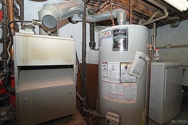 2477 Ridge Rd, Lewiston, NY 14131 - utility room featuring gas water heater, washer / dryer, and heating unit