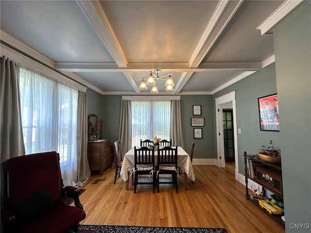616 N Main St, Herkimer, NY 13350 - dining room with a chandelier, coffered ceiling, light wood-style floors, baseboards, and beam ceiling