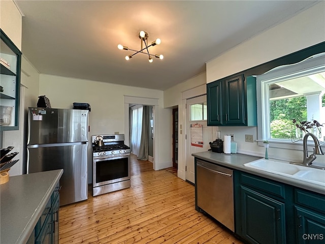 616 N Main St, Herkimer, NY 13350 - kitchen with appliances with stainless steel finishes, a sink, a chandelier, light wood-type flooring, and open shelves