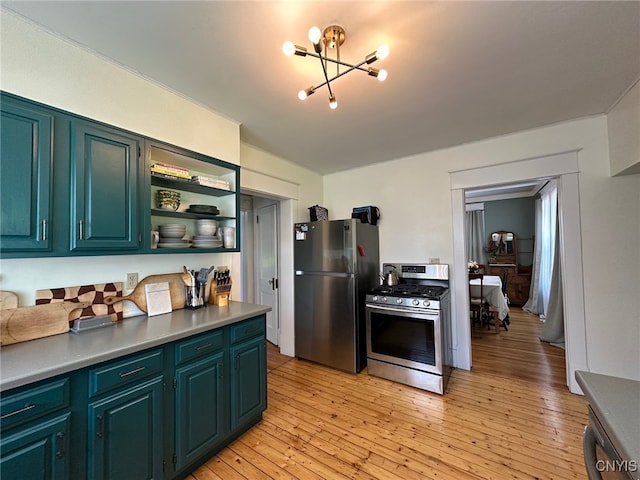 616 N Main St, Herkimer, NY 13350 - kitchen with appliances with stainless steel finishes, a chandelier, light wood-style flooring, and open shelves