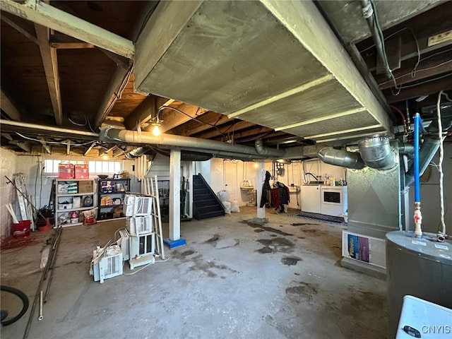 616 N Main St, Herkimer, NY 13350 - below grade area with water heater, washer and dryer, stairs, and heating unit