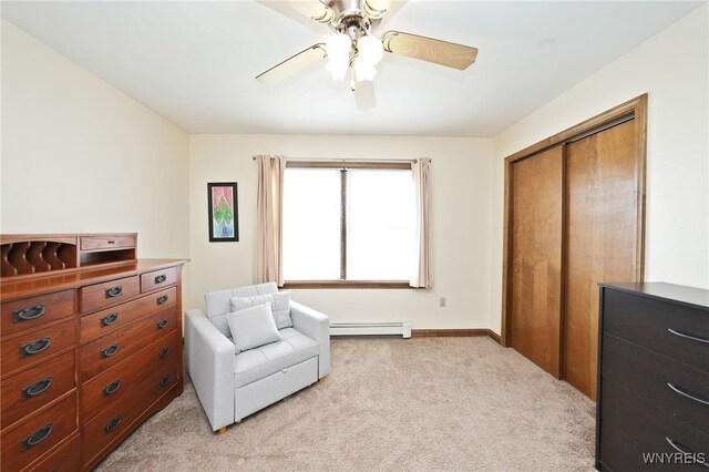 283 Summit Ave, West Seneca, NY 14224 - living area featuring baseboard heating, light colored carpet, ceiling fan, and baseboards