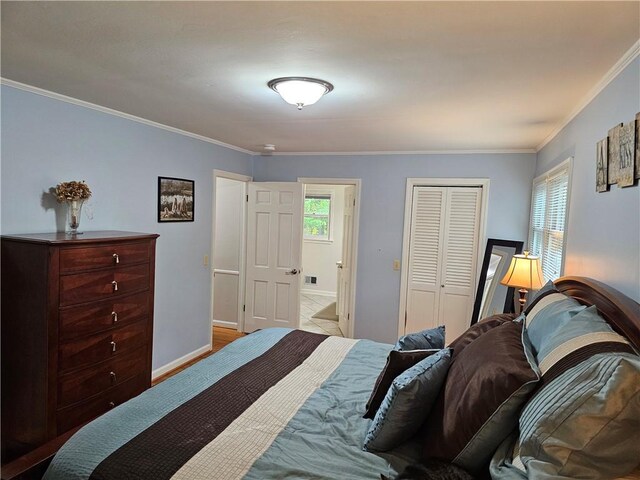 52 Woodland Dr, Big Flats, NY 14814 - bedroom with ornamental molding, a closet, and baseboards