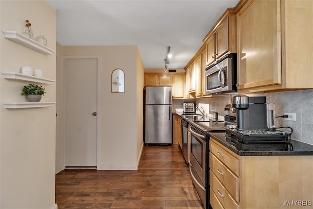 849 Delaware Ave Unit 205, Buffalo, NY 14209 - kitchen featuring appliances with stainless steel finishes, dark countertops, dark wood-type flooring, backsplash, and a sink