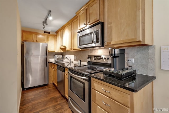 849 Delaware Ave Unit 205, Buffalo, NY 14209 - kitchen with appliances with stainless steel finishes, light brown cabinets, a sink, and decorative backsplash