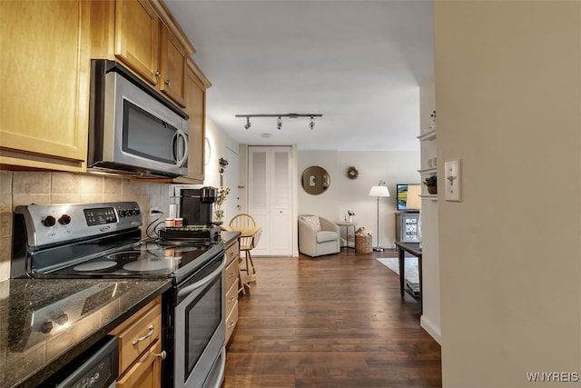 849 Delaware Ave Unit 205, Buffalo, NY 14209 - kitchen with stainless steel appliances, backsplash, dark wood-style floors, dark stone countertops, and open floor plan