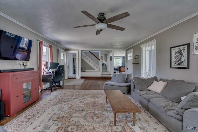 621 N Hycliff Dr, Watertown-City, NY 13601 - living area with wood finished floors, stairs, ceiling fan, and ornamental molding