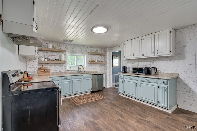 621 N Hycliff Dr, Watertown-City, NY 13601 - kitchen with appliances with stainless steel finishes, open shelves, a sink, premium range hood, and blue cabinets
