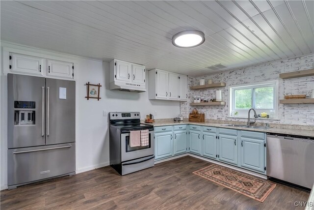 621 N Hycliff Dr, Watertown-City, NY 13601 - kitchen with appliances with stainless steel finishes, open shelves, a sink, under cabinet range hood, and wood ceiling