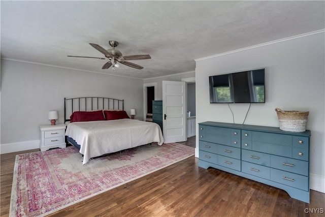 621 N Hycliff Dr, Watertown-City, NY 13601 - bedroom with dark wood-type flooring, ornamental molding, baseboards, and a ceiling fan