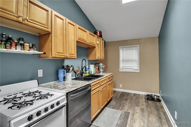 283 W Tupper St, Buffalo, NY 14201 - kitchen featuring white range with gas cooktop, dishwasher, a sink, light countertops, and dark wood-type flooring