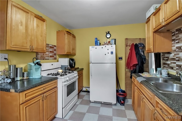 283 W Tupper St, Buffalo, NY 14201 - kitchen featuring white appliances, a sink, light flooring, decorative backsplash, and dark countertops