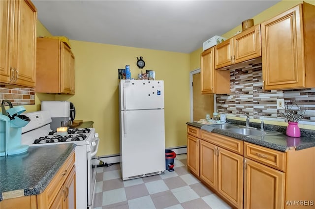 283 W Tupper St, Buffalo, NY 14201 - kitchen featuring white appliances, a sink, light floors, a baseboard radiator, and dark countertops