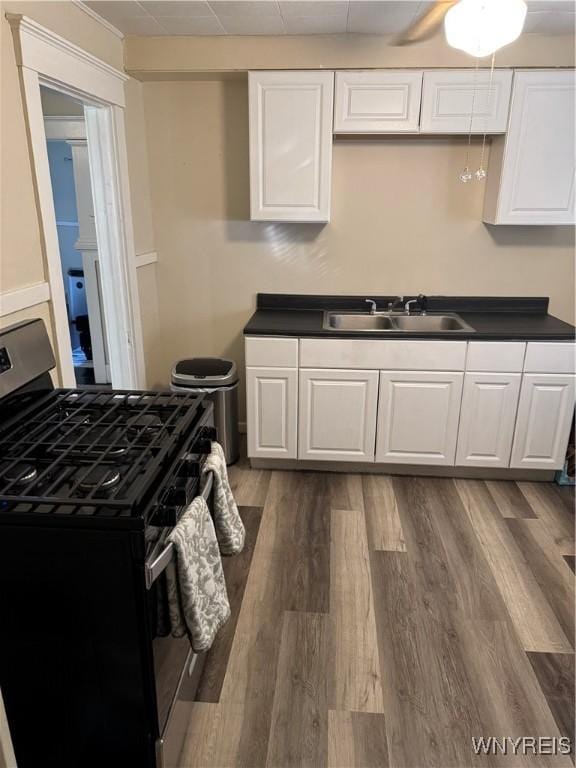 44 Freeman St, Buffalo, NY 14215 - kitchen featuring stainless steel range with gas stovetop, a sink, dark countertops, and white cabinetry