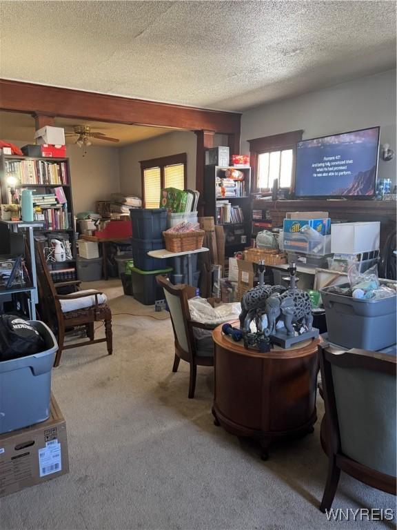 44 Freeman St, Buffalo, NY 14215 - living area featuring carpet flooring, a ceiling fan, and a textured ceiling
