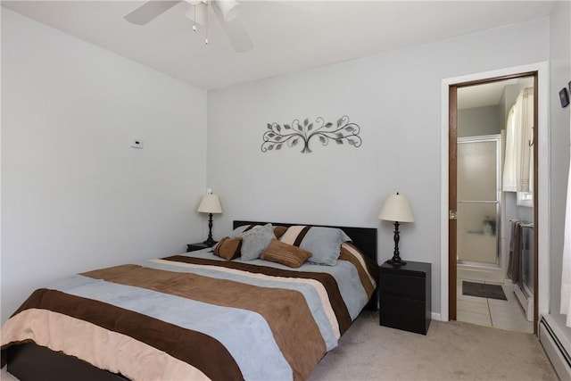 25 Highland Dr, Corning-City, NY 14830 - bedroom with a baseboard heating unit, light colored carpet, a ceiling fan, and ensuite bath