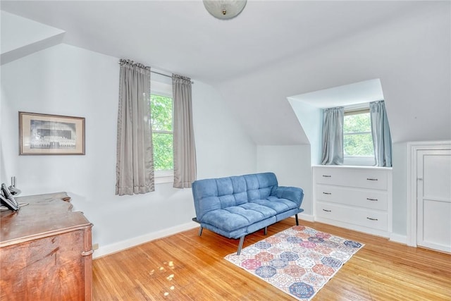 350 Colebourne Rd, Rochester, NY 14609 - living area featuring healthy amount of natural light, vaulted ceiling, light wood-style flooring, and baseboards