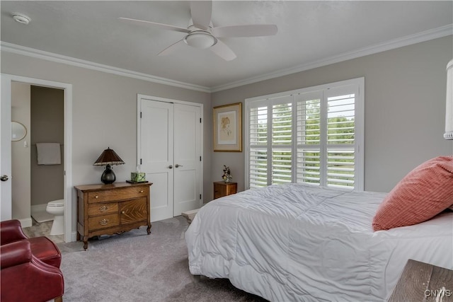 32160 State Route 12e, Cape Vincent, NY 13618 - carpeted bedroom with crown molding, a closet, connected bathroom, and a ceiling fan