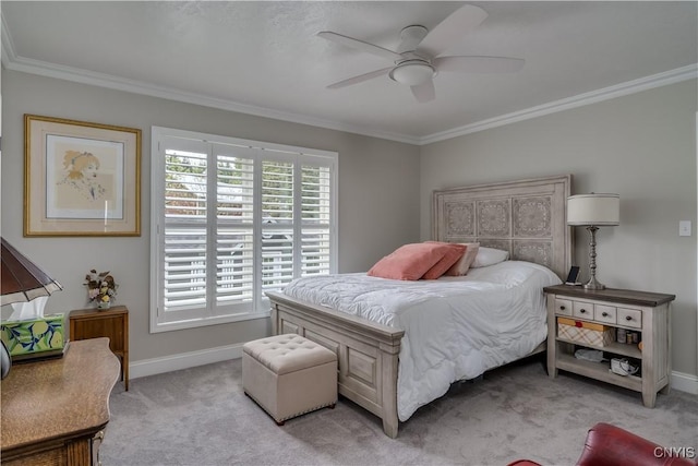 32160 State Route 12e, Cape Vincent, NY 13618 - bedroom featuring crown molding, baseboards, light colored carpet, and a ceiling fan