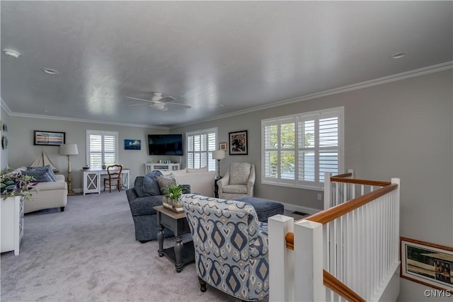 32160 State Route 12e, Cape Vincent, NY 13618 - carpeted living area with healthy amount of natural light, a ceiling fan, and crown molding